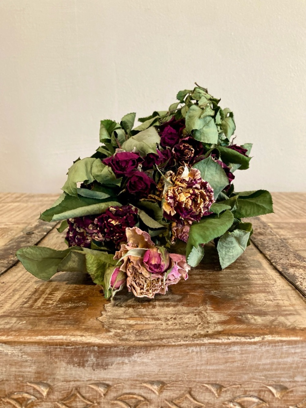 Dried Rose Bouquet Real Roses in Green Deep Red Pink & Yellow Tones Home Accents